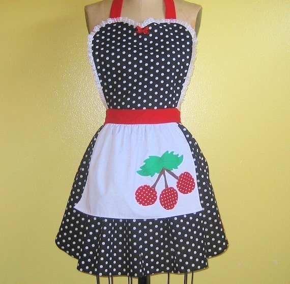 Retro 50s black POLKA DOT full APRON with CHERRY make a sexy