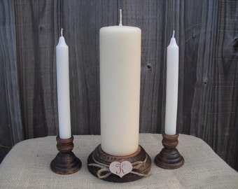 Wood Unity Candle Holder Set - Rustic with Monogram - Item 1008