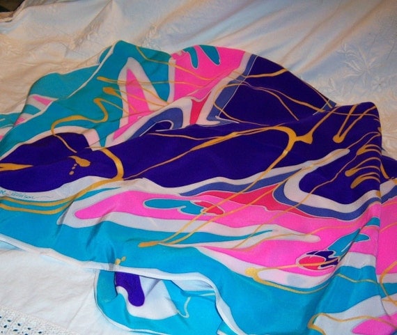 Vintage 1980s Silk Scarf Oversized 40 Inch Turquoise Pink Purple