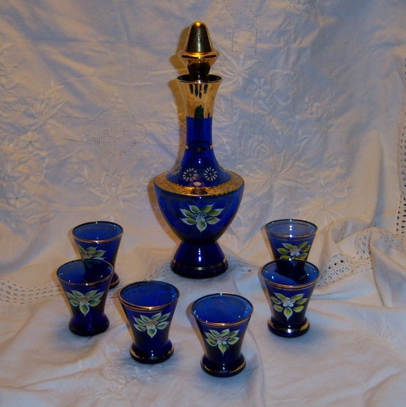 Vintage Bohemian Cobalt Blue Decanter And Cordial Set 1151