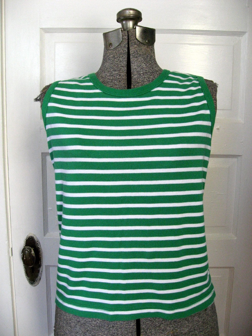 SALE vintage green and white striped cotton tank top s/m
