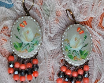 Lilygrace Ivory Rose Earrings with Freshwater Pearls, Coral and Vintage Beads
