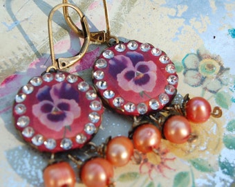 Lilygrace Vintage Pansy Cameo Earrings with Vintage Rhinestones and Freshwater Pearls