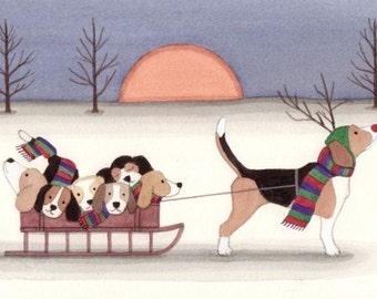 Beagle as Rudolph taking family for sled ride / Lynch signed folk art print