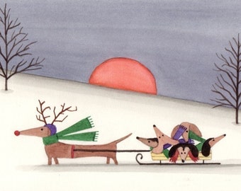Dachshund (doxie) family takes a sled ride / Lynch signed folk art print