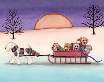 Wheaten terrier (wheatie) family going for a sled ride / Lynch signed folk art print
