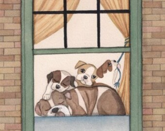 Passel of bulldogs fills window / Lynch signed folk art print