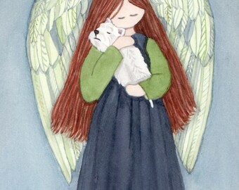 Angel in dark blue dress cradles West Highland Terrier (westie) / Lynch signed folk art print