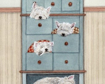 A dresser full of west highland terriers (westies) / Lynch signed folk art print