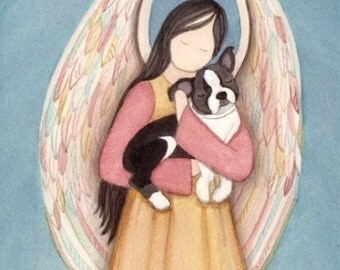 Boston Terrier cradled by angel / Lynch signed folk art print