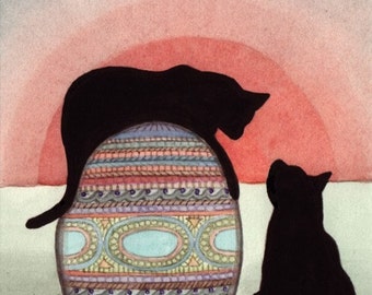 Black cats toying with Faberge (Easter) egg / Lynch signed folk art print