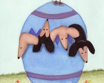 Dachshunds (doxies) are surprise prize in Easter egg / Lynch signed folk art print