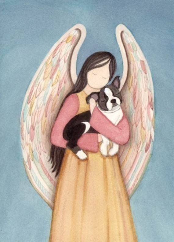 Boston Terrier with angel / Lynch signed folk art print
