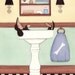 Dachshund (doxie) fills a sink at bath time / Lynch signed folk art print