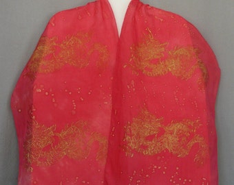 Silk Scarf,Red, Hand Dyed, Hand Stamped, Luck Dragon 3