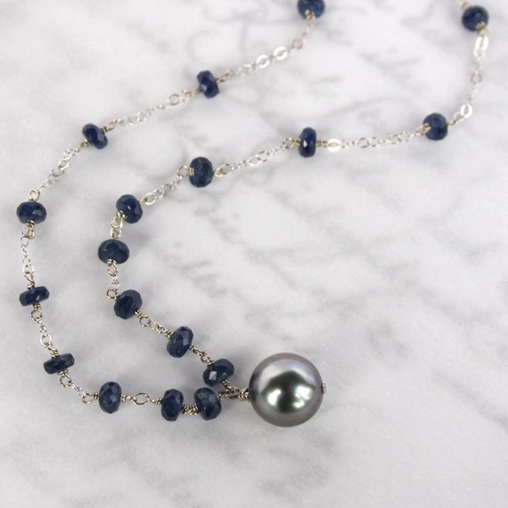 Platinum Round Tahitian Pearl and Blue Sapphire Necklace in