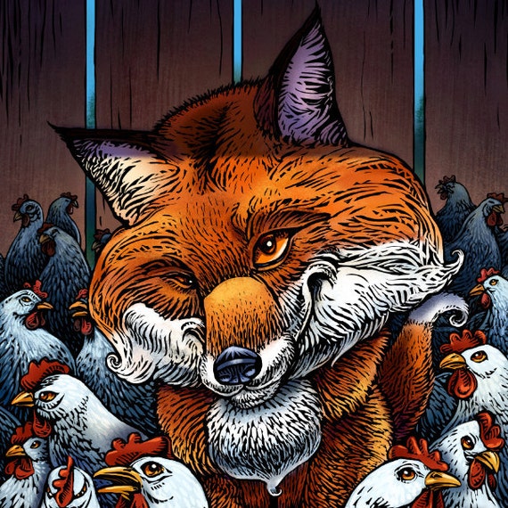 Fox in the Hen House 8 x 10 Whimsical Fox Art