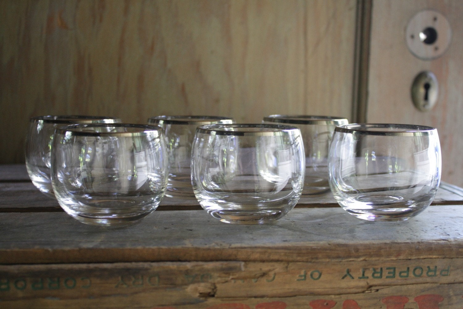 6 lowball round cocktail glasses with silver rim