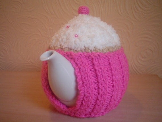 Hand knitted pink cupcake teapot cozy tea cosy