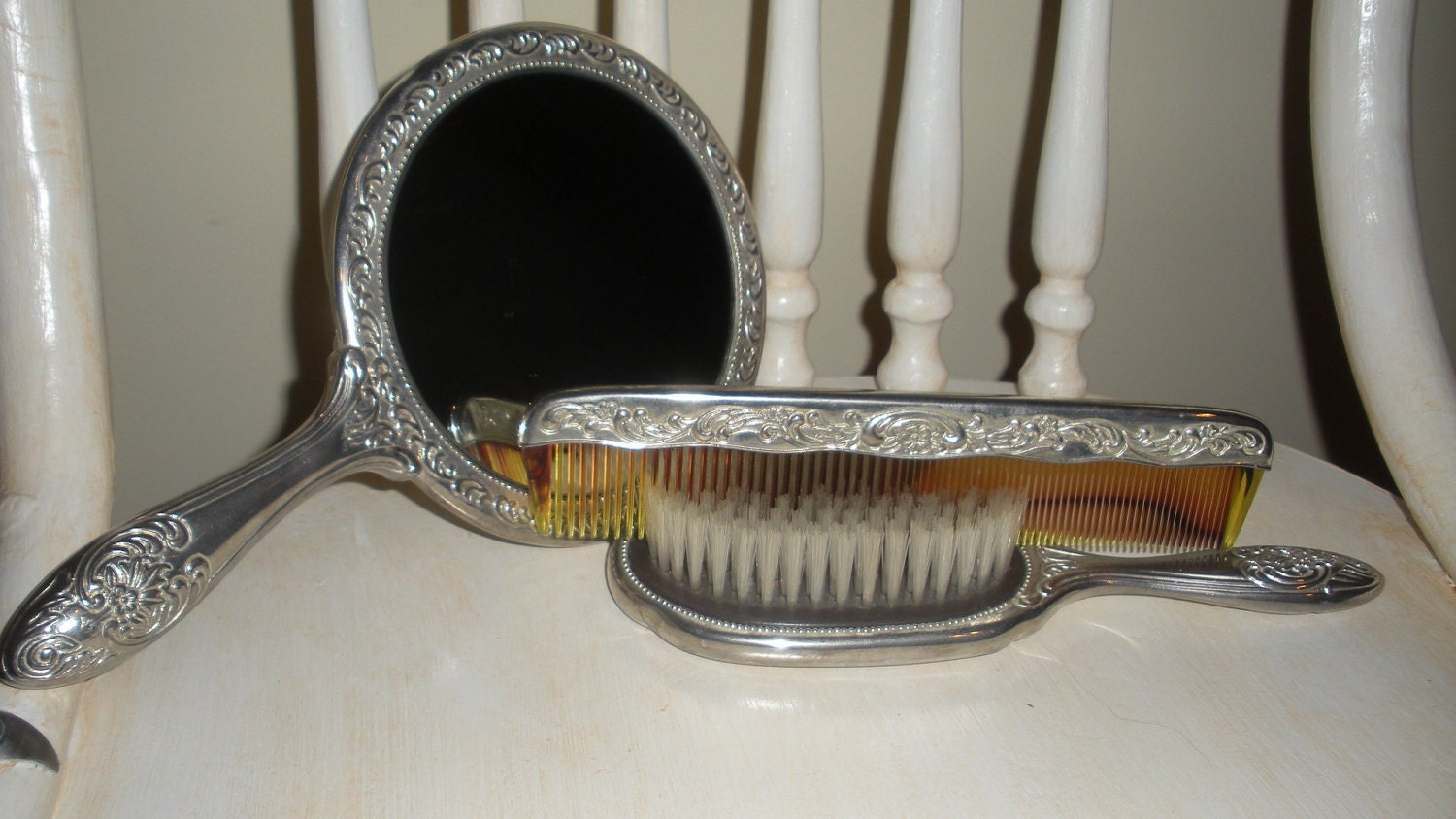 Antique Silver Brush Mirror and Comb Set Vanity Set