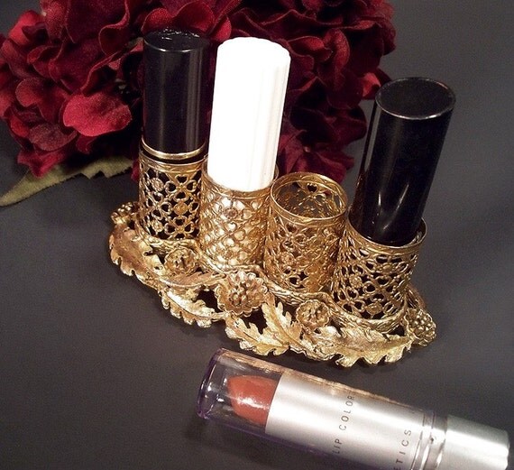 Vintage Vanity 1950s Filigree and Flowers Lipstick Holder