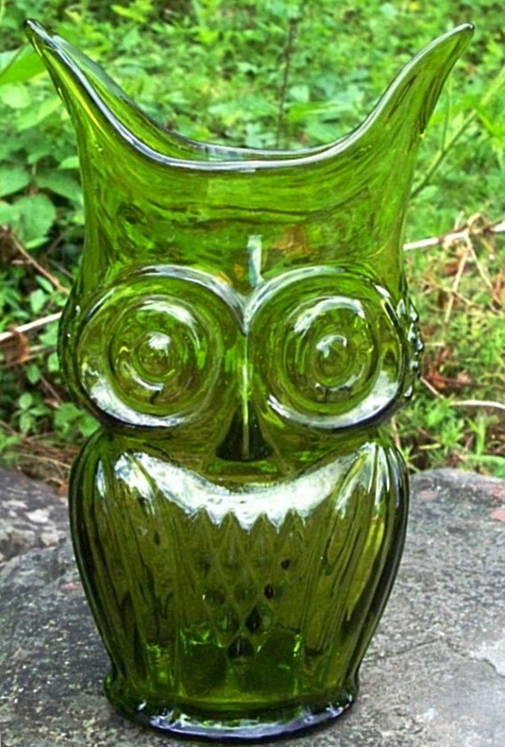 Vintage Green Glass Owl Vase