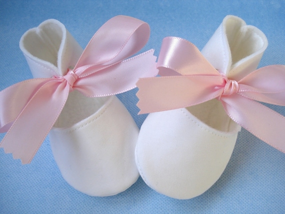 Plain white Baby Booties with Pink Satin Ribbon Ties by lilcubby