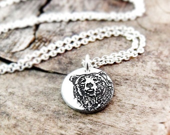 Tiny bear necklace, silver bear pendant, grizzly bear jewelry, brown bear, mama bear