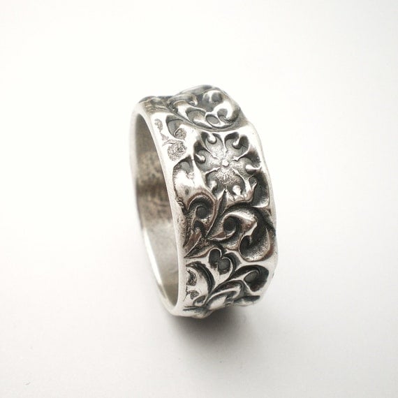 Items similar to Silver Flower Ring, Orange Blossom, Wide Silver Band ...