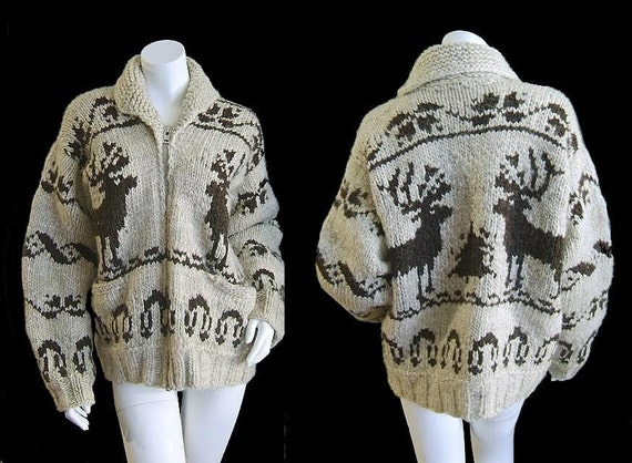 Authentic SIGNED Vintage 70's COWICHAN INDIAN Cardigan Elk Sweater