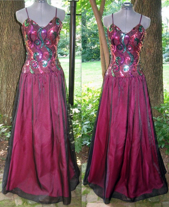 Upcycle Hot Pink and Black Sequined Prom Party Dress by bytheway