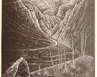 Woodcut Print Original Woodblock Follow the Light Wood Engraving Southwest Desert Nevada Landscape