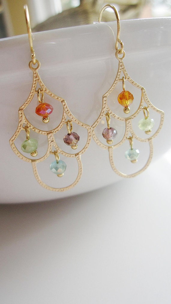 Gold Chandelier Earrings Multi color Crystals Dangle by gardendiva