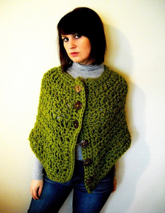 Items similar to Button Poncho Capelet - Apple Green with Brown Buttons ...