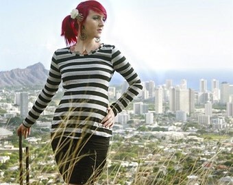 Pirate Punk Grey and Black striped Alternative and Edgy maternity shirt from MamaSan Maternity Apparel