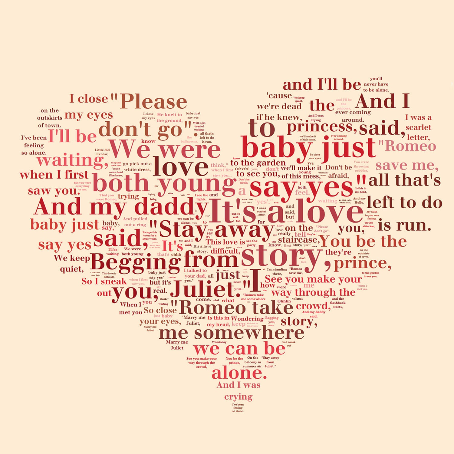 Heart Shaped Words or other shapes word art Lyrics Collage on