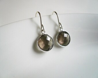 Smoky Quartz Earrings in Sterling Silver - Dainty Everyday Gray Gemstone Earrings