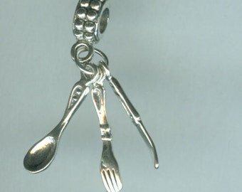 Sterling Silver SPOON KNIFE FORK Silverware Bead Charm for Trollbead, European and all Name Brand Add a Bead Bracelets