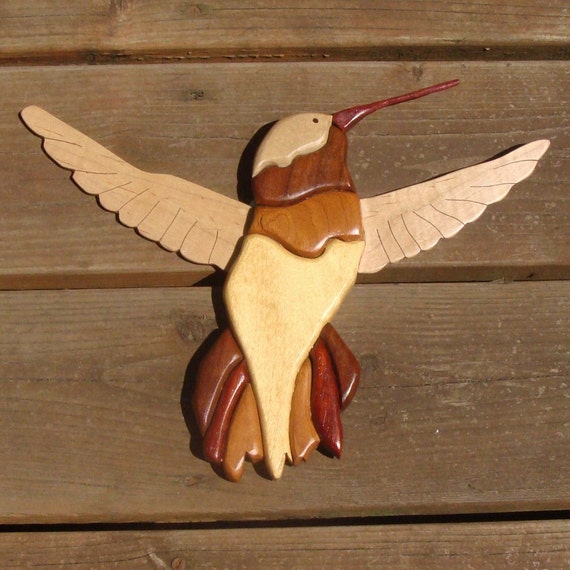 Reserved for Marie Hummingbird Intarsia Wood Wall Art