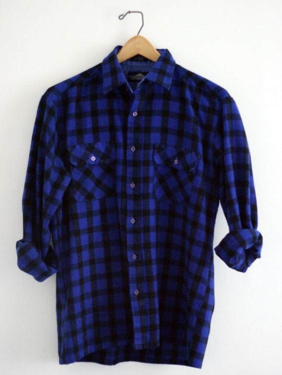Vintage Royal Blue Plaid Lumberjack Flannel Shirt S M L