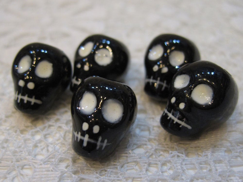 Skull Beads Black Peruvian Ceramic Skull Beads with White