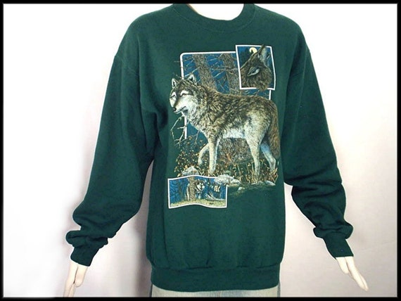 80's vintage WOLF sweatshirt sweater green M L unisex USA
