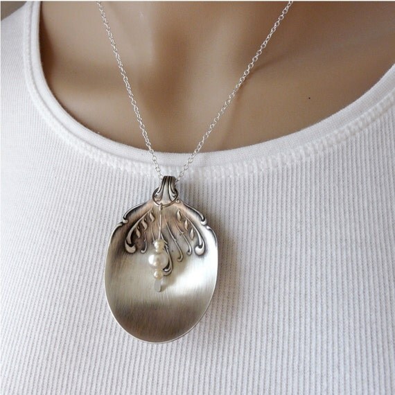 Antique Sugar Spoon Necklace Pearl on a half shell by Revisions