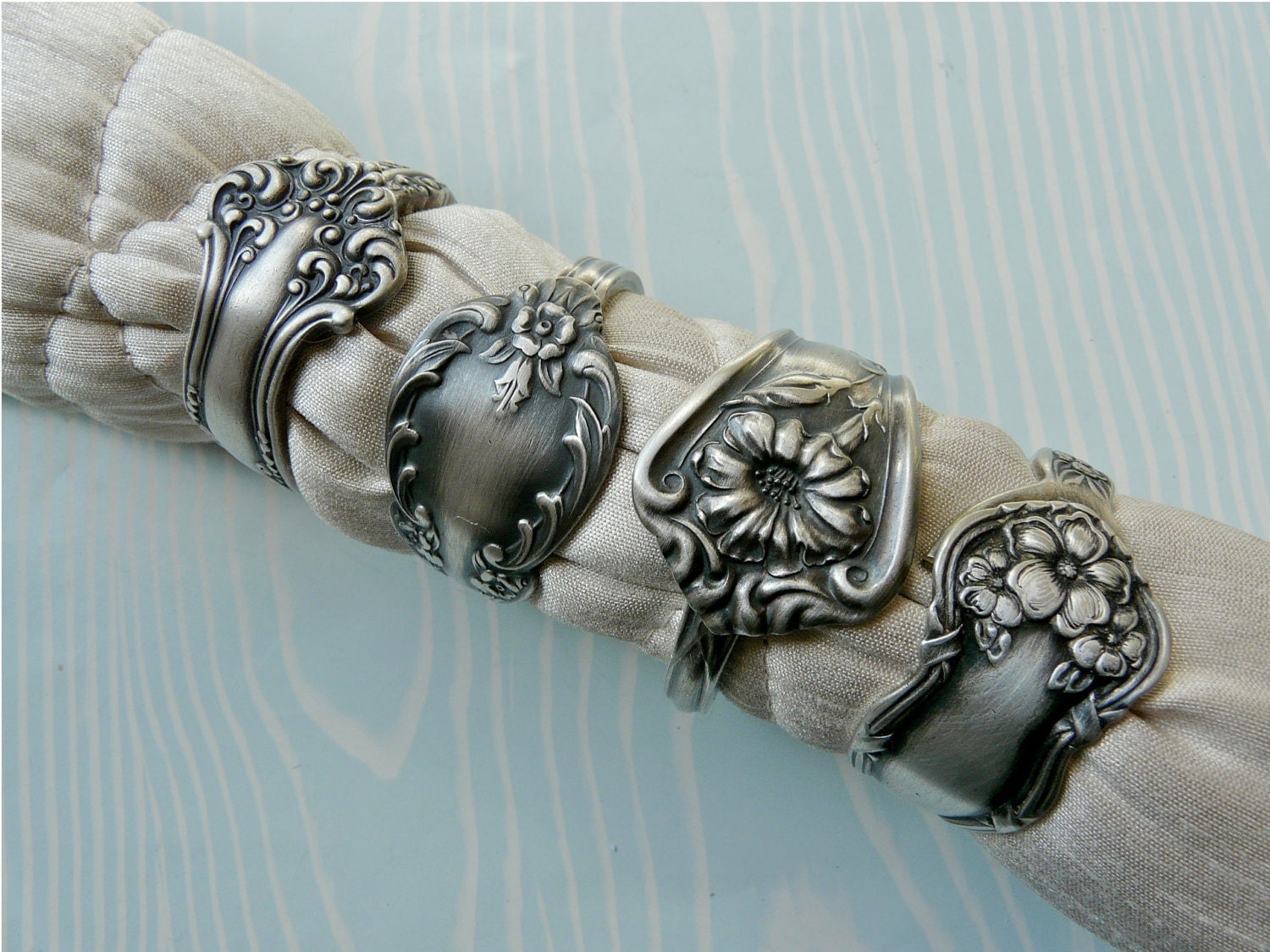 Silver Spoon Napkin Rings Antique Patterns Set of 4 by Revisions