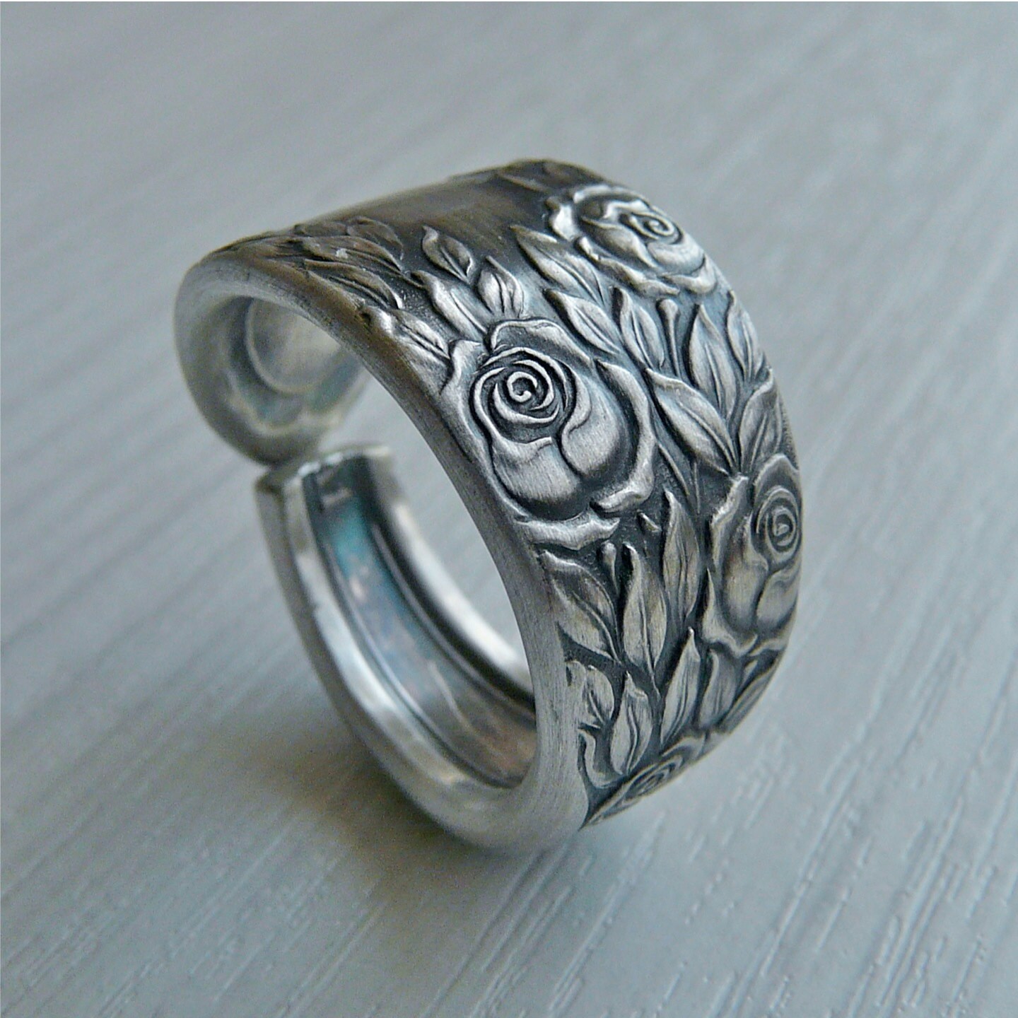 Antique Silver Spoon Ring Rose and Leaf 1937 Last by Revisions