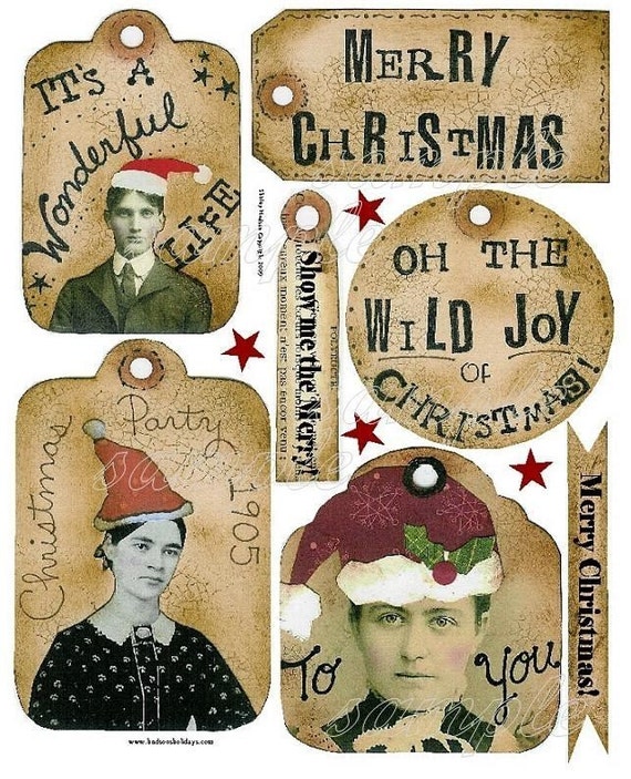 Old time CHRISTMAS Tags Collage art Sheet PDF -  SAnta old photos party label banner digital