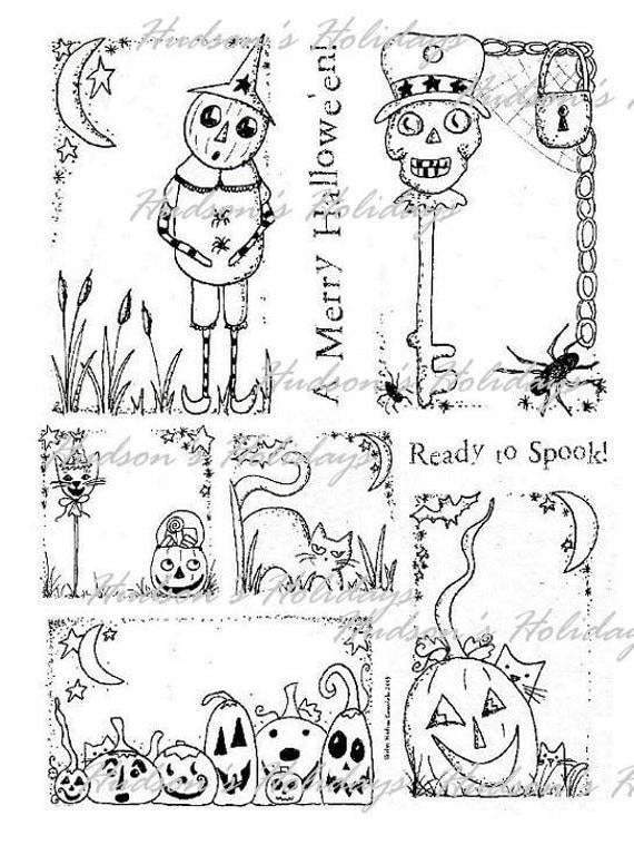 old HALLOWEEN ART labels - PDFartwork black white Paper Sheet  Pumpkin cat skull collage sayings scrapbooking primitive tag digital