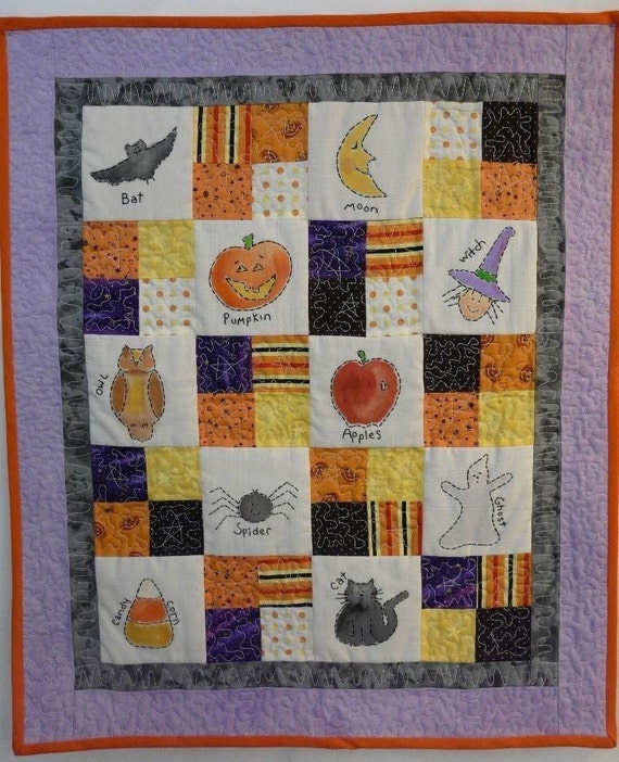 Halloween Sampler embroidery Quilt PDF Pattern- stitchery primitive wallhanging witch ghost candy corn spider pumpkin embroidery paint