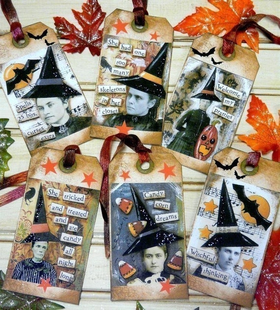 Old Witch Halloween Tags - Collage Sheet PDF Email U Print art vintage saying photos sayings Altered atc aceo scrapbooking primitive