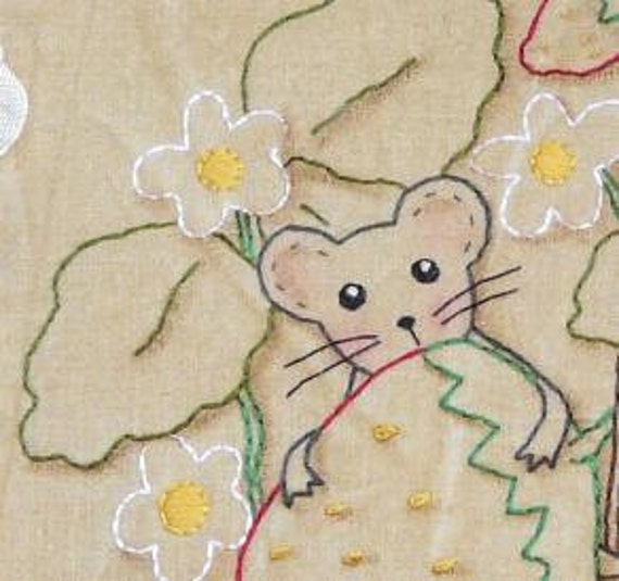 Sweet Summer mouse strawberry embroidery PDF Patterrn - primitive mice pillow stitchery banner